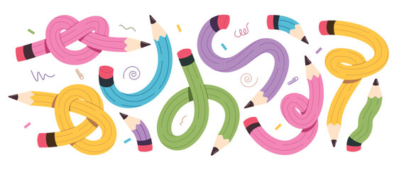 Pencil colorful writing clipart set. School drawing pen elements clip art in curved, spiral and sharp wood writing tool educational collection vector illustration. 
