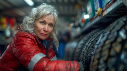 Obraz premium A woman with gray hair inspects tires in a garage, reflecting expertise and dedication in her work.