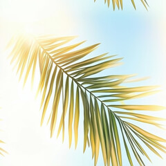 Palm leaf with sunlight against soft blue sky, creating tropical and serene vibe, Summer Textile Seamless Pattern Background