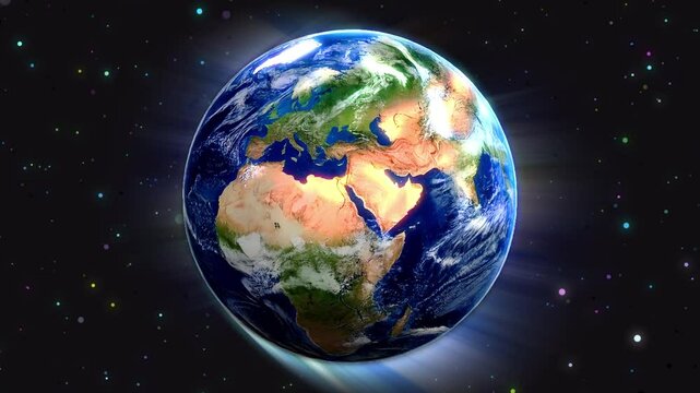 Animation der Erde und der Weltraumgalaxie: Die Erde zoomt heran und dehnt sich aus, dann zoomt sie wieder heraus und kehrt langsam auf die urspr&uuml;ngliche Gr&ouml;&szlig;e der Erde zur&uuml;ck.