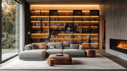 A cozy retreat is created by warm lighting, open bookshelves, and a light gray sofa in a minimalist living room.
