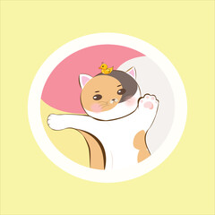 Orange cat in a round white frame. Avatar, logo, Vector illustration