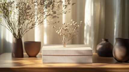 Displayed elegantly on a wooden table is a minimalistic beige gift box, adorned with dried flowers, perfect for conveying a thoughtful touch.