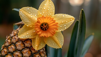 Fototapeta premium Dew-Kissed Daffodil and Pineapple A Springtime Still Life