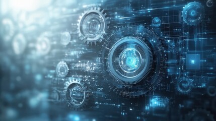 Obraz premium Futuristic digital interface with glowing gears and circuitry in blue tones