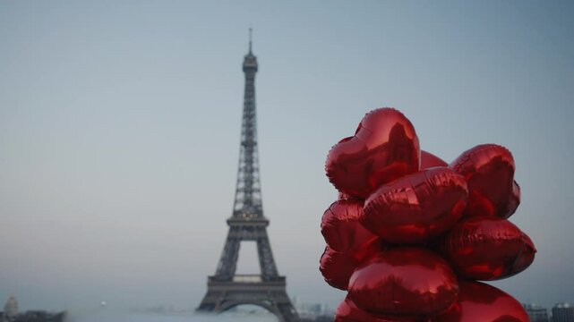 Red heart balloons floating near eiffel tower paris france