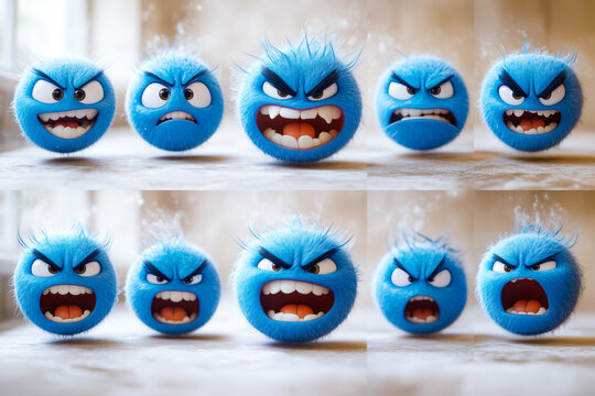 Fuzzy blue emoji faces expressing anger