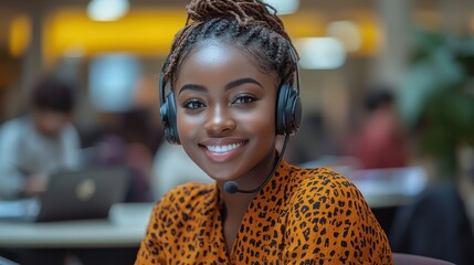 Confident and happy African woman wearing headphones and smiling in a modern business or university setting representing themes of technology communication
