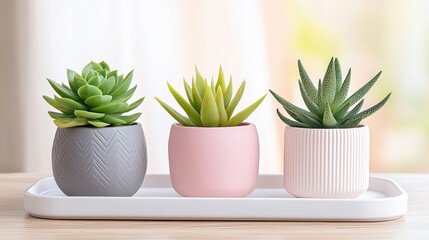 Fototapeta premium A serene arrangement of three colorful succulents in stylish pots, showcasing a modern aesthetic on a light wooden surface, Green Technology.