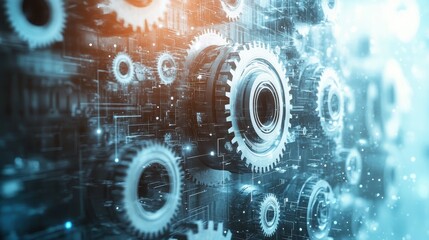 Intricate gear mechanism in motion with futuristic digital elements