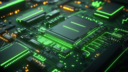 Obraz premium Futuristic green circuit board with glowing microchips in a high-tech environment