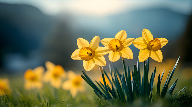 Yellow narcissus flowers bloom as cheerful daffodils in the spring season's garden