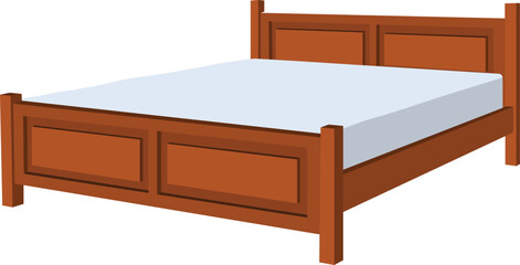 A wooden bed with a white sheet. The bed is made and has a white pillow. The bed is rectangular in shape