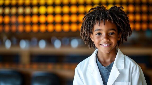 Young Scientist with Big Smile Standing in Front of Colorful Laboratory, Science Education Concept