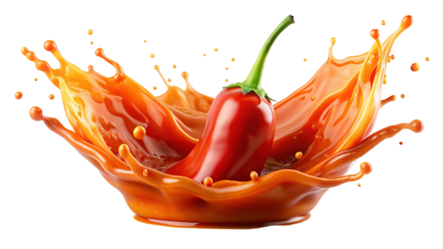Red Chili Pepper in a Splash of Orange Liquid Hot Sauce Sauce
