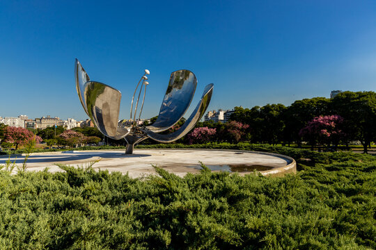 Floralis Generica modern art symbol of Buenos Aires. Plaza de las Naciones Unidas, Buenos Aires, Argentina. Metal Flower monument in the city center famous tourist sight in South America