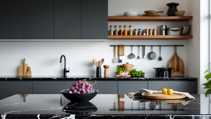 AI generative. A modern kitchen with a clean and minimalist design, featuring a black marble countertop in the foreground. Accompanied by fresh grapes in a bowl, blurry background. 5