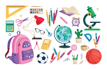 School elements clipart set. Back to school educational supplies clip art collection like bag, books, pencil, clock, calculator and ball colorful drawing vector illustration. 
