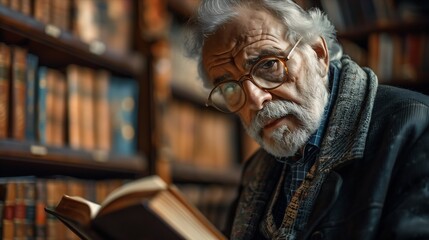 Naklejka premium An elderly man reads a book in a library, surrounded by shelves filled with vintage literature and a warm atmosphere.