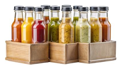 Assortment of Gourmet Sauces and Dressings in Glass Bottles Wooden Holder