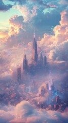 Fototapeta premium Dreamy City View with Ethereal Clouds and Soft Pastel Hues