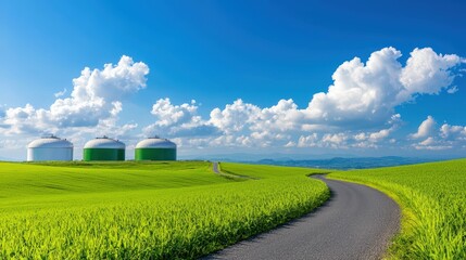 Obraz premium A scenic landscape featuring green fields, silos, and a winding road under a bright blue sky filled with fluffy clouds, Green Technology.