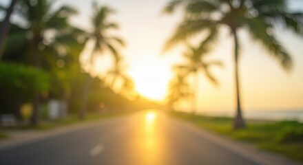 Fototapeta premium Abstract sunset scene, palm trees along a road, soft, out-of-focus light
