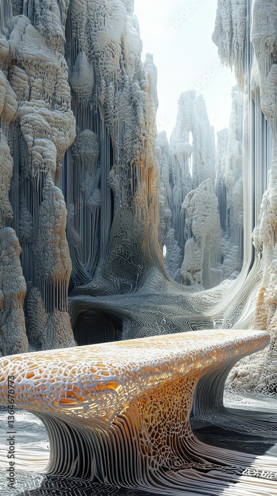 Poster futuristic bench design with digital patterns in surreal environment