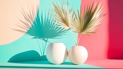 Palm leaves with vases, and pastel backdrop.