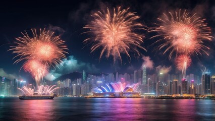 A vibrant nighttime cityscape of Hong Kong,