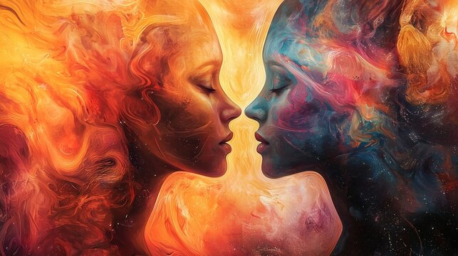 Two abstract faces in fiery and cool tones symbolize inner mind conversation and psychological balance.