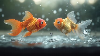 Two vibrant goldfish leap in sparkling water