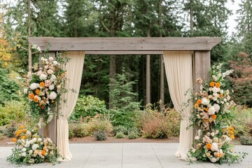 Elegant wooden wedding arch with floral arrangements in forest clearing