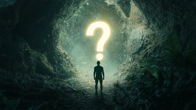 Silhouette facing a glowing question mark in a dark forest, symbolizing fear of the unknown and behavioral change.