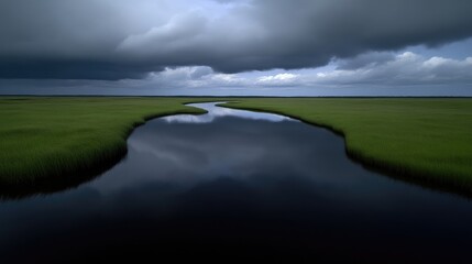 Tranquil marsh waterway under a brooding sky