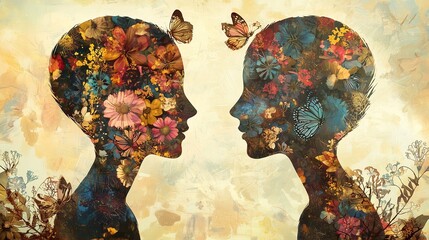 Silhouettes with floral patterns symbolize growth and transformation in mental health support.