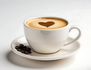 Fototapeta premium Coffee Cup with Heart Latte Art and Coffee Beans on Saucer