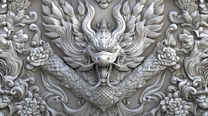 Intricate stone carving featuring a mythical creature, detailed relief design on a textured surface, artistic architectural element.
