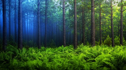 Fototapeta premium Enchanting Misty Forest Lush Ferns Tall Pines Nature Scene