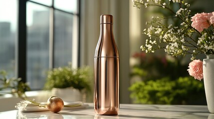 An elegantly positioned rose gold insulated bottle on a sleek white marble table, illuminated by soft natural light, reflecting luxury and sophistication.