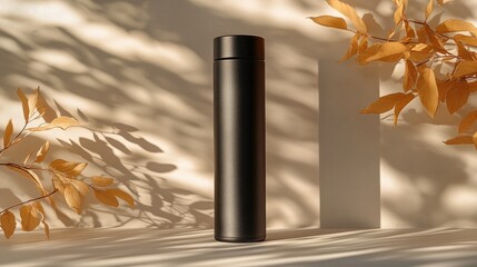 A modern black finished sleek stainless steel food thermos, elegantly displayed on a white surface with soft shadows, offering space for branding.