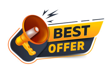 Best Offer icon on white background. Special promo sign. Logo design with megaphone and text. Sale promotion symbol. The loudspeaker screams best offer. Vector illustration.