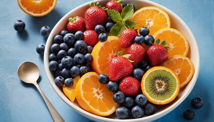 A vibrant bowl overflowing with juicy strawberries, blueberries, oranges, and kiwi, a delightful summer fruit salad bursting with freshness and color on a blue background.