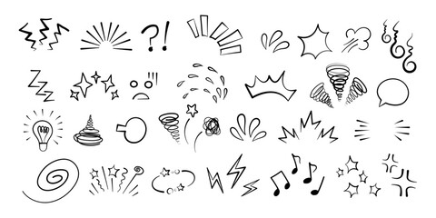 Manga or anime comic emoticon element graphic effects hand drawn doodle vector illustration set isolated on white background. Outline style manga doodle line expression scribble anime mark collection.