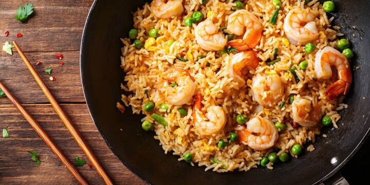 Yangzhou Fried Rice in Wok with Golden Egg Strands and Shrimp, Wok Hei Smoke Effect for Asian Culinary Advertising Campaigns