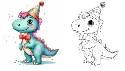 coloring page for kids A joyful cartoon dinosaur wearing a festive party hat and bow tie, standing confidently with a happy expression, perfect for kids