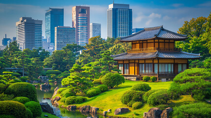 Fototapeta premium traditional japanese house and modern urban skyline