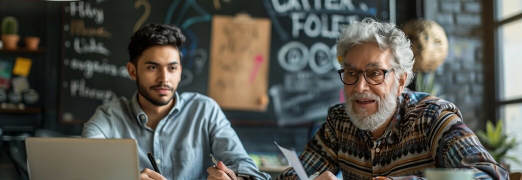 Two diverse professionals collaborate on a project in a creative workspace, engaging in brainstorming and discussion.