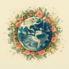 A vibrant digital art piece depicts planet Earth encircled by a lush mandala of blooming roses and wildflowers creating a beautiful and symbolic representation of environmental