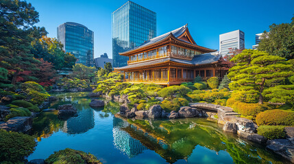Naklejka premium traditional japanese house with glass skyscrapers
